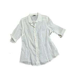 NEW Old Navy Brand Cotton Linen Collared 3/4 Sleeve ButtonUp Shirt L White